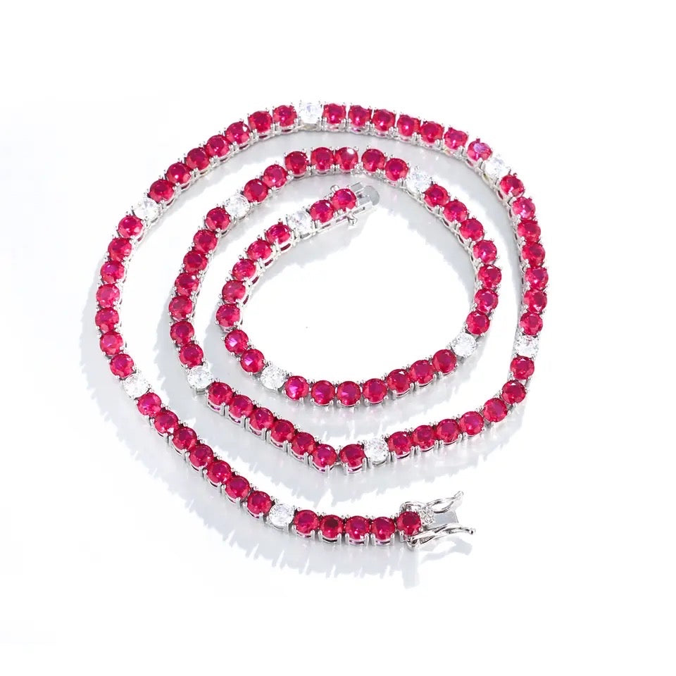 Elegant Fuchsia Red Cubic Zirconia Stone Round Tennis Necklace