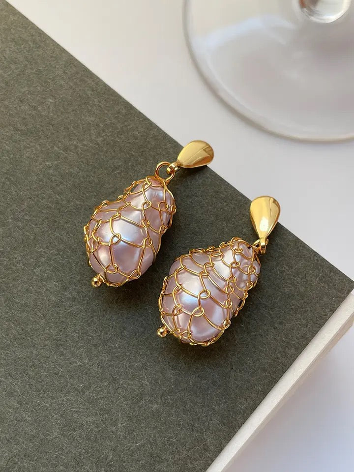 Vintage Wrapped Baroque Pearl Earrings