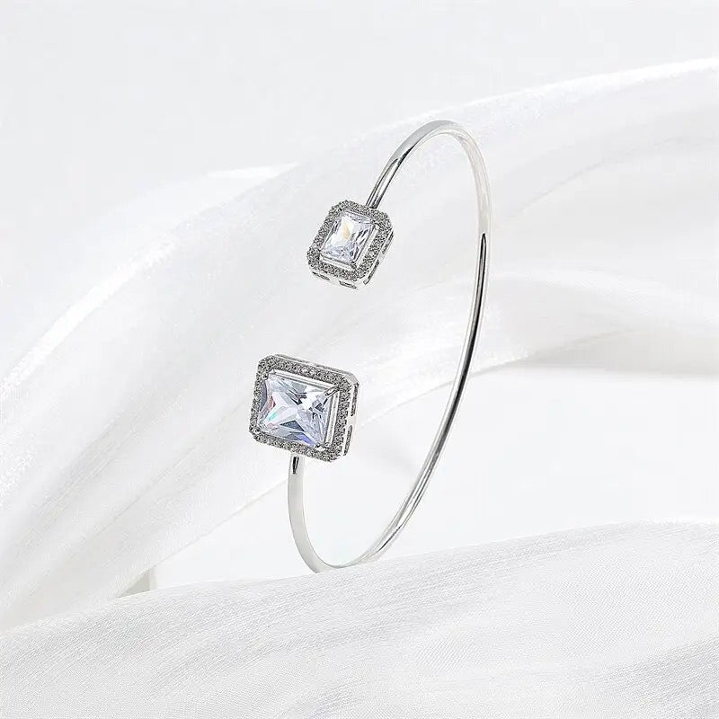Adjustable Square Vertical Cubic Zirconia Opening Cuff Bangles