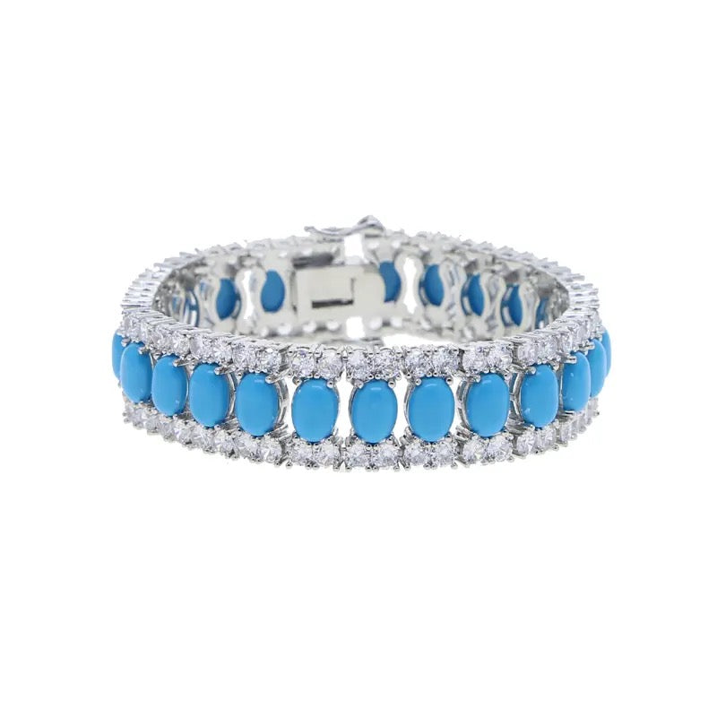 Double Row Blue Turquoises Stone Geometric Round Oval CZ Sparking Tennis Bracelet