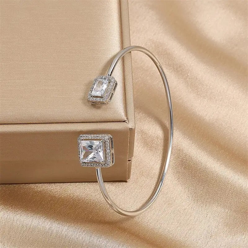Adjustable Square Vertical Cubic Zirconia Opening Cuff Bangles