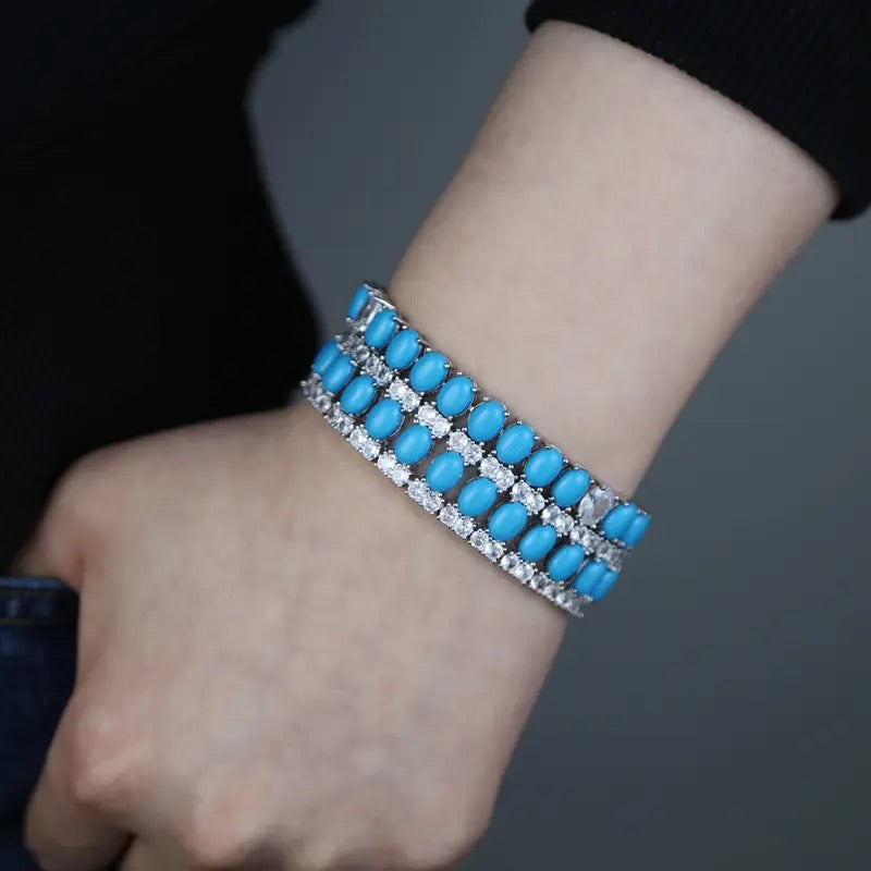 Double Row Blue Turquoises Stone Geometric Round Oval CZ Sparking Tennis Bracelet