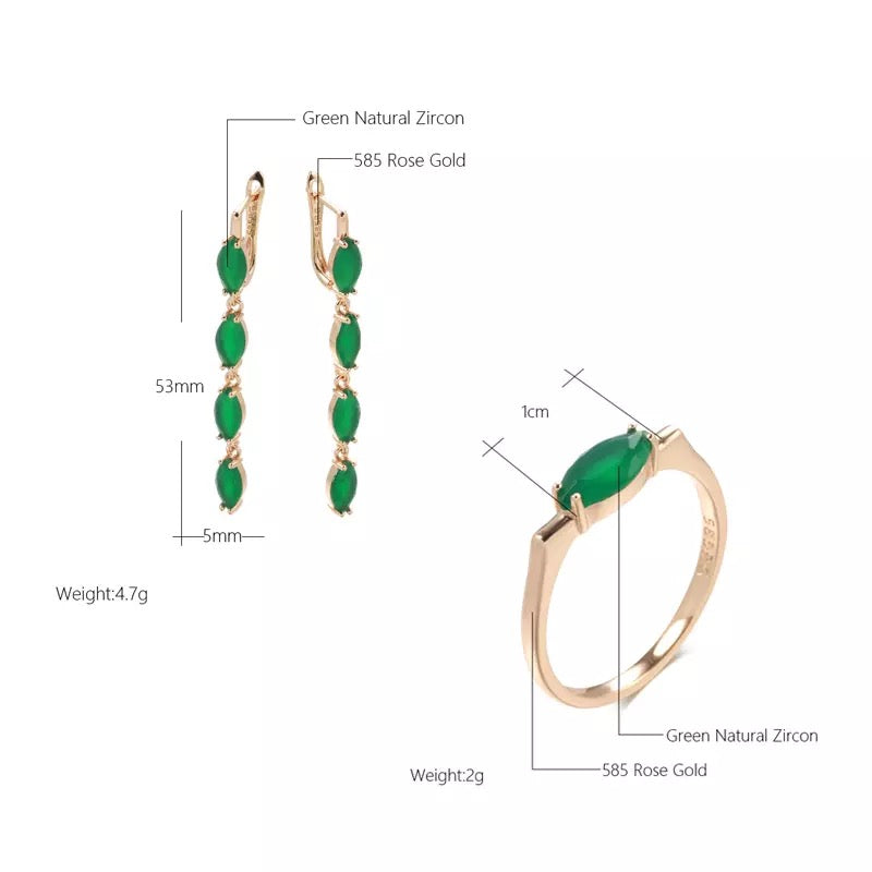 Emerald Green Zircon Long Tassel Dangle Earrings Ring Set