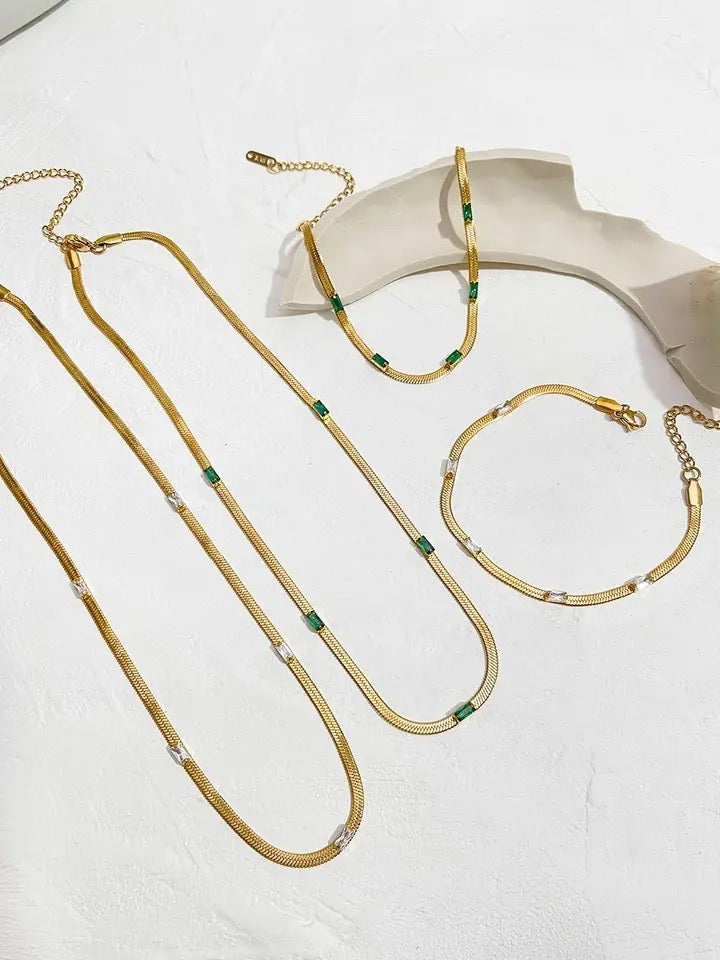 Dainty 18K Gold Plated Chain Choker & Necklace with Baguette Zircon