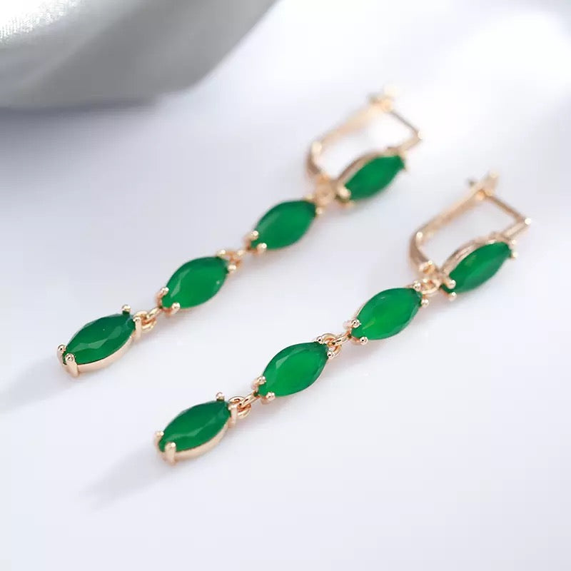 Emerald Green Zircon Long Tassel Dangle Earrings Ring Set