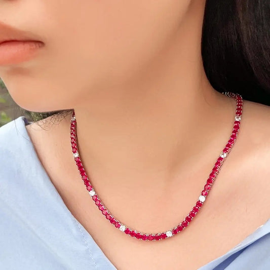 Elegant Fuchsia Red Cubic Zirconia Stone Round Tennis Necklace