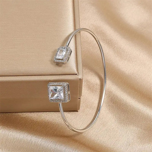 Adjustable Square Vertical Cubic Zirconia Opening Cuff Bangles