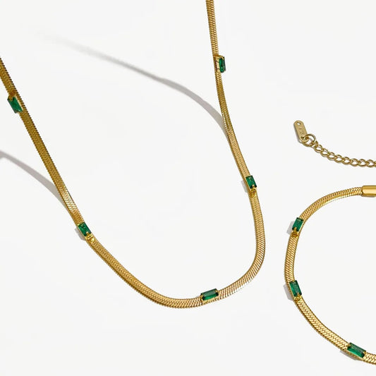 Dainty 18K Gold Plated Chain Choker & Necklace with Baguette Zircon