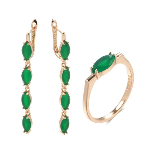 Emerald Green Zircon Long Tassel Dangle Earrings Ring Set