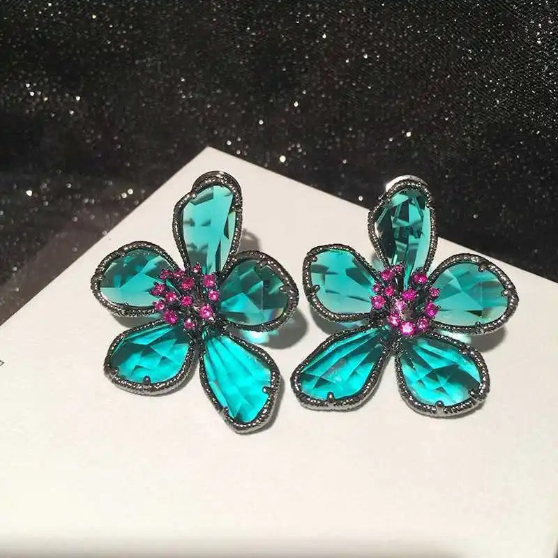Vintage Dark Crystal Flower Stud Earrings