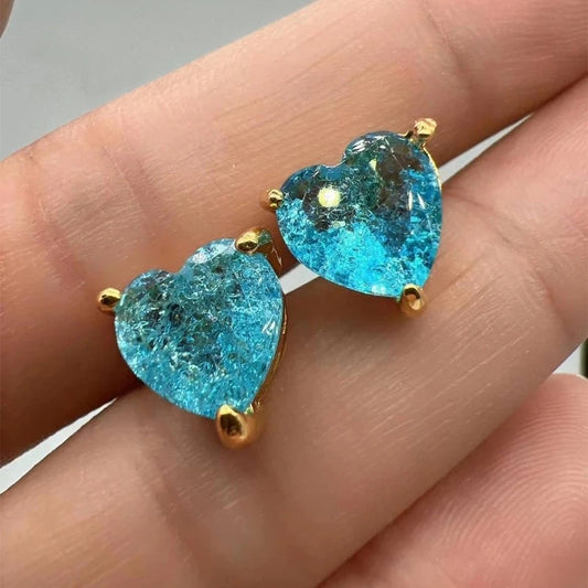 Sea Blue Zircon Heart Stud Earrings